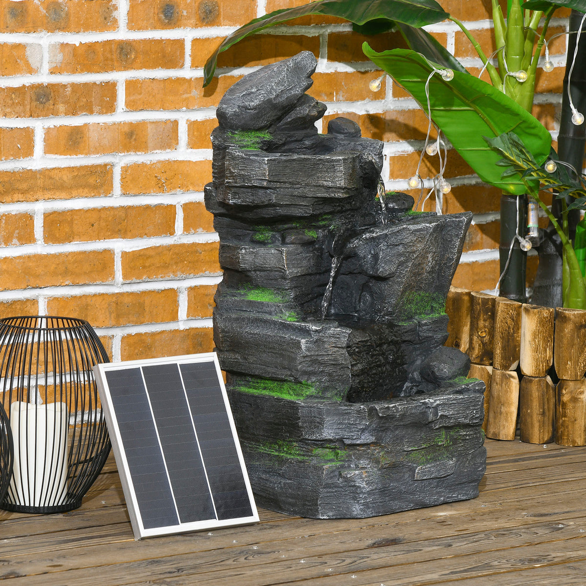 Outsunny Gartenbrunnen, Steinoptik, 4-stufig, Solarbetrieb, LEDs, 57cm Höhe, Kunstharz, Grau/Braun