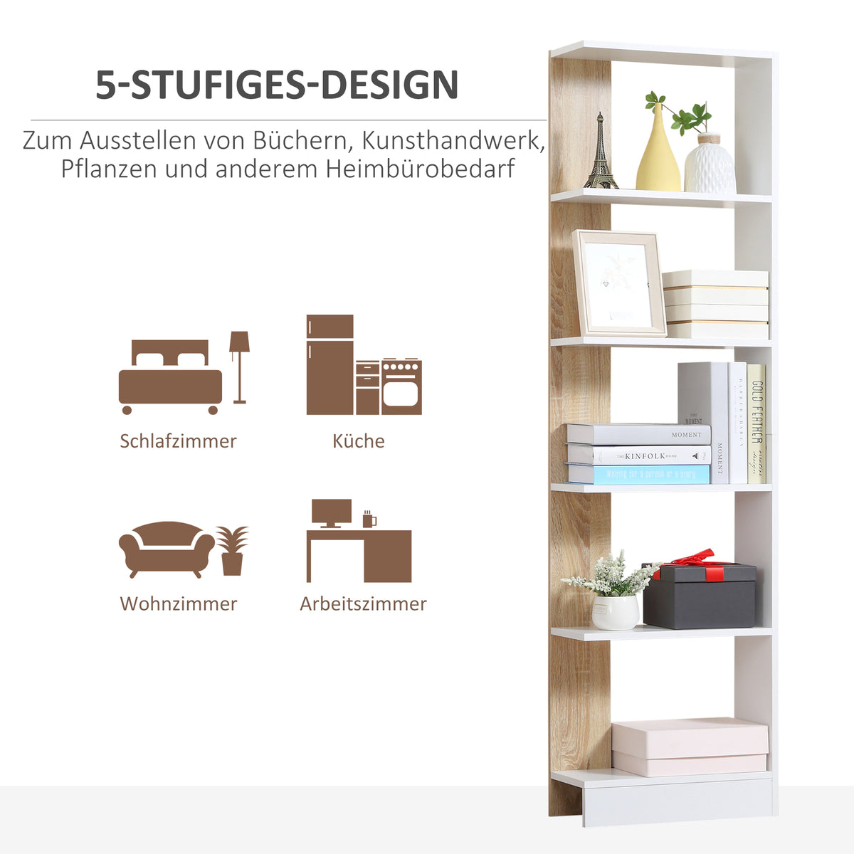 HOMCOM Standregal Bücherregal 5-stufiges Büroregal Lagerregal Aktenregal Küchenregal Spanplatte Eiche+Weiß 45 x 21 x 170 cm