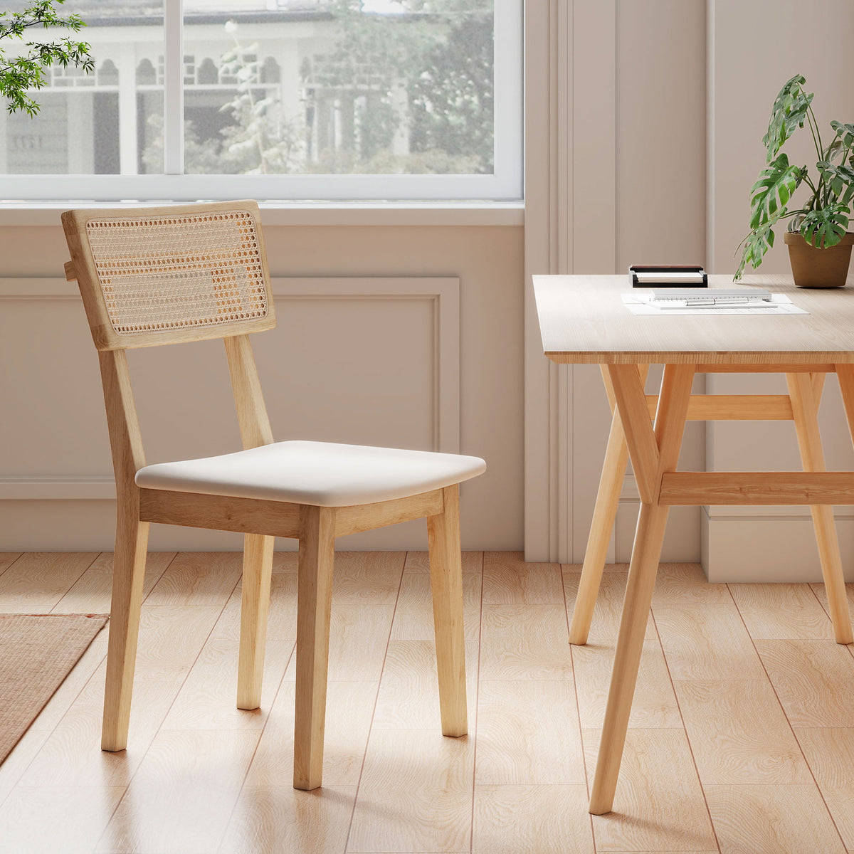 HOMCOM Esszimmerstuhl, Rattan-Rückenlehne, Kunstleder-Sitz, Kautschukholz, Naturholz