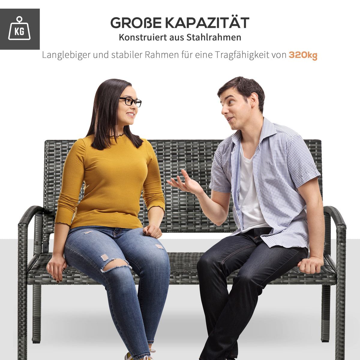 Outsunny Gartenbank, in Rattanoptik, mit Stahlrahmen, für 2 Personen, Braun, 122 x 60 x 87cm