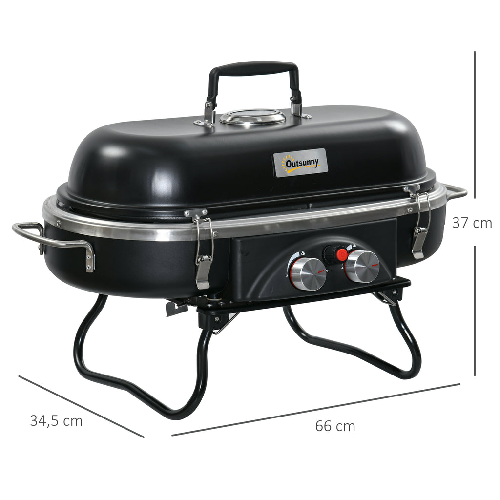 Outsunny Gasgrill 2,34 KW Klappbar BBQ Gartengrill inkl 2 Edelstahl-Brenner  Druckminderer 66 x 34,5 x 37 cm Schwarz