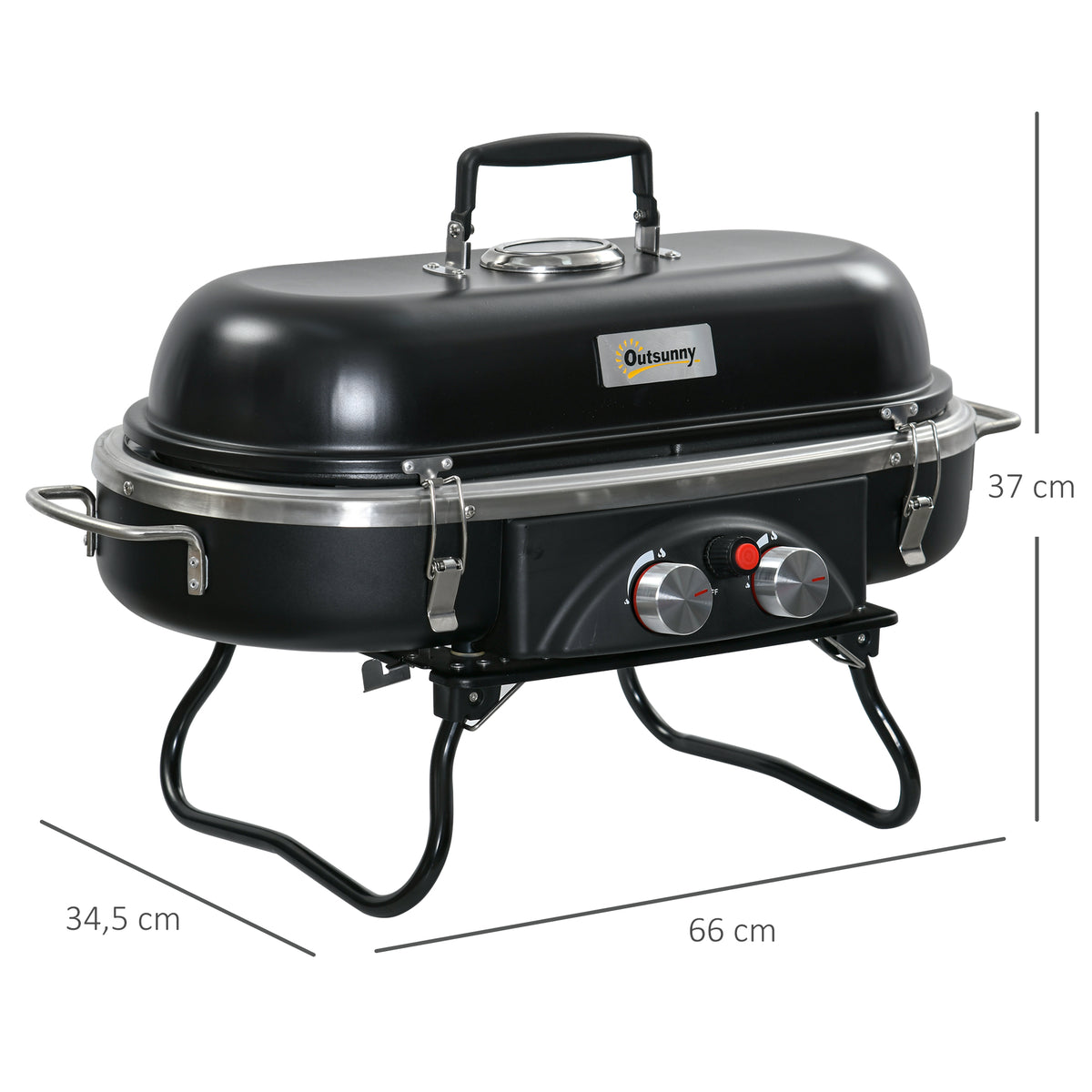 Outsunny Gasgrill 2,34 KW Klappbar BBQ Gartengrill inkl 2 Edelstahl-Brenner  Druckminderer 66 x 34,5 x 37 cm Schwarz