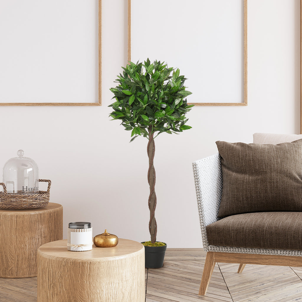 Outsunny 2er-Set Künstlicher Lorbeerbaum, 120 cm, Kunstpflanzen im Zementtopf, Kunststoff-Pflanzen für drinnen und draußen, Grün