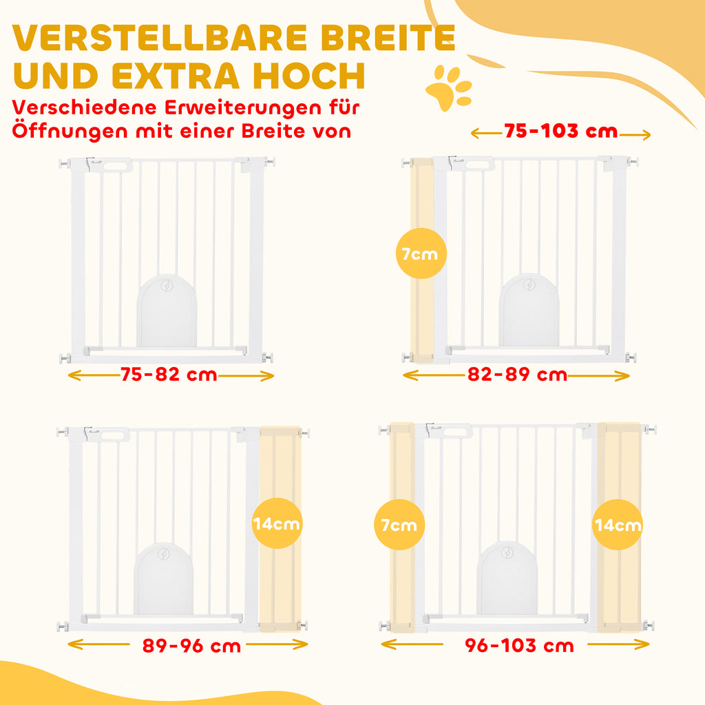 PawHut Absperrgitter für Haustiere, verstellbar, mit kleiner Tür, Stahl, Kunststoff, Weiß