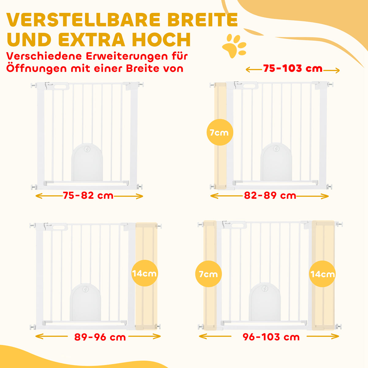 PawHut Absperrgitter für Haustiere, verstellbar, mit kleiner Tür, Stahl, Kunststoff, Weiß