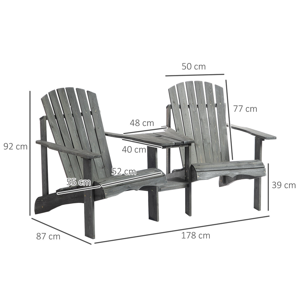 Outsunny Adirondack Gartenstuhl mit Tisch und Schirmloch 2 Sitzer Gartensessel Sitzgruppe Gartenmöbel für Balkon Massivholz Grau 178 x 87 x 92 cm