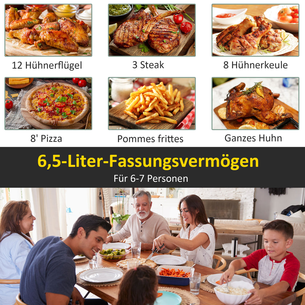 HOMCOM Heißluftfritteuse 6,5 L 1700W mit 8 Menüs LED-Display Antihaftbeschichteter Korb für gesundes ölfreies fettarmes Kochen Schwarz 36,5 x 29 x 33,8 cm
