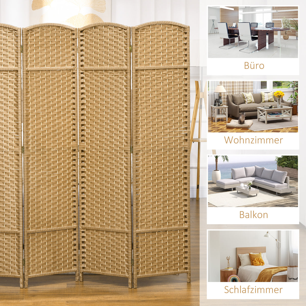 HOMCOM 4-teiliger Raumtrenner, Faltbarer Sichtschutz, Sichtschutzwand für Wohnzimmer, Schlafzimmer, Homeoffice, Natur