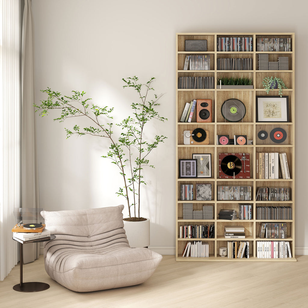 HOMCOM CD- und DVD-Aufbewahrung, Bücherregal Regal 1116 CD/528 DVD, 36 Fächer und verstellbare Regale, Eiche