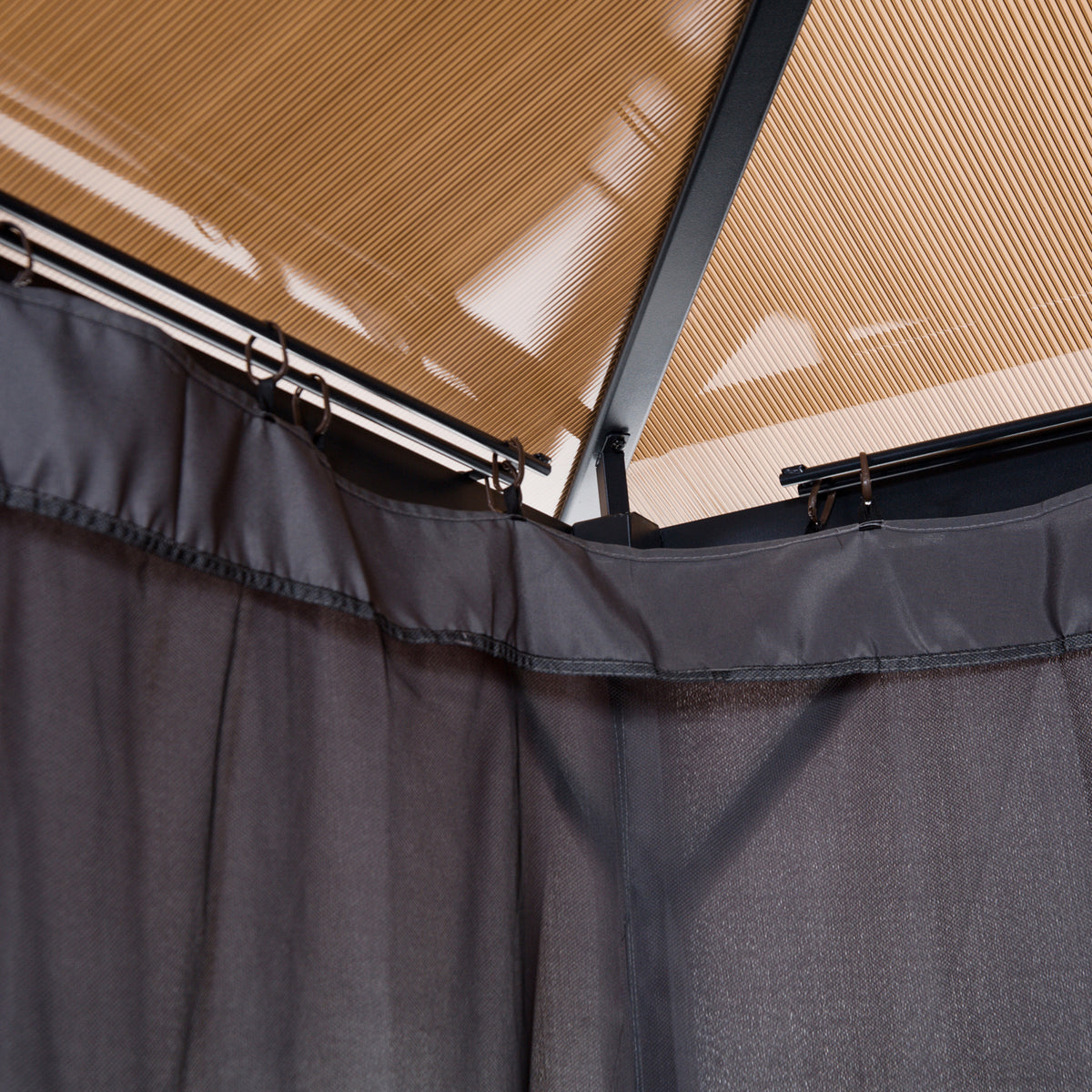 Outsunny Pavillon mit Polycarbonatdach, Vorhänge mit Fliegennetz, Alugestell, dunkelgrau, 3 x 3 m