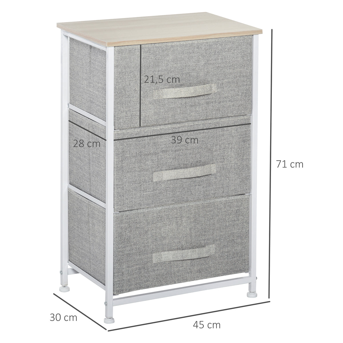 HOMCOM Moderne Schubladenkommode mit 3 Schubladen aus Stoff, Stahlrahmen und Spanplatte, 45 x 30 x 71 cm, Grau