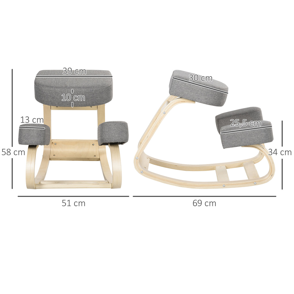 Vinsetto Kniestuhl, ergonomischer Sitzhocker, Polsterhocker für gesunde Sitzhaltung, Birkenholz, 120 kg belastbar, Grau