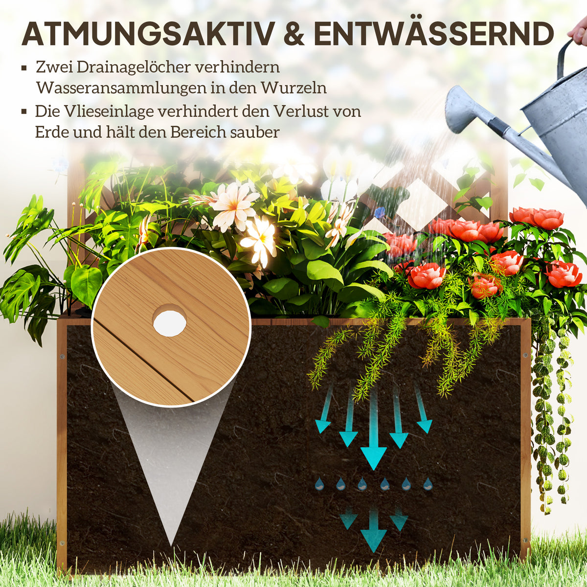 Outsunny Hochbeet Pflanzkasten mit Rankgitter, Spalier Pflanzkübel Blumenkasten Holz, Gartenspalier 64 x 33 x 122cm Naturholz