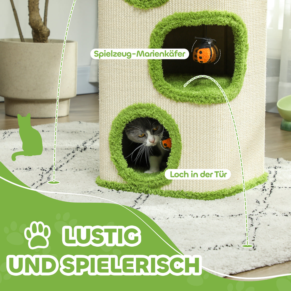 PawHut Kratzturm, 76 cm, Katzenhöhlen mit Plüsch, Kratzfläche, Spielzeug, Grün/Cremeweiß