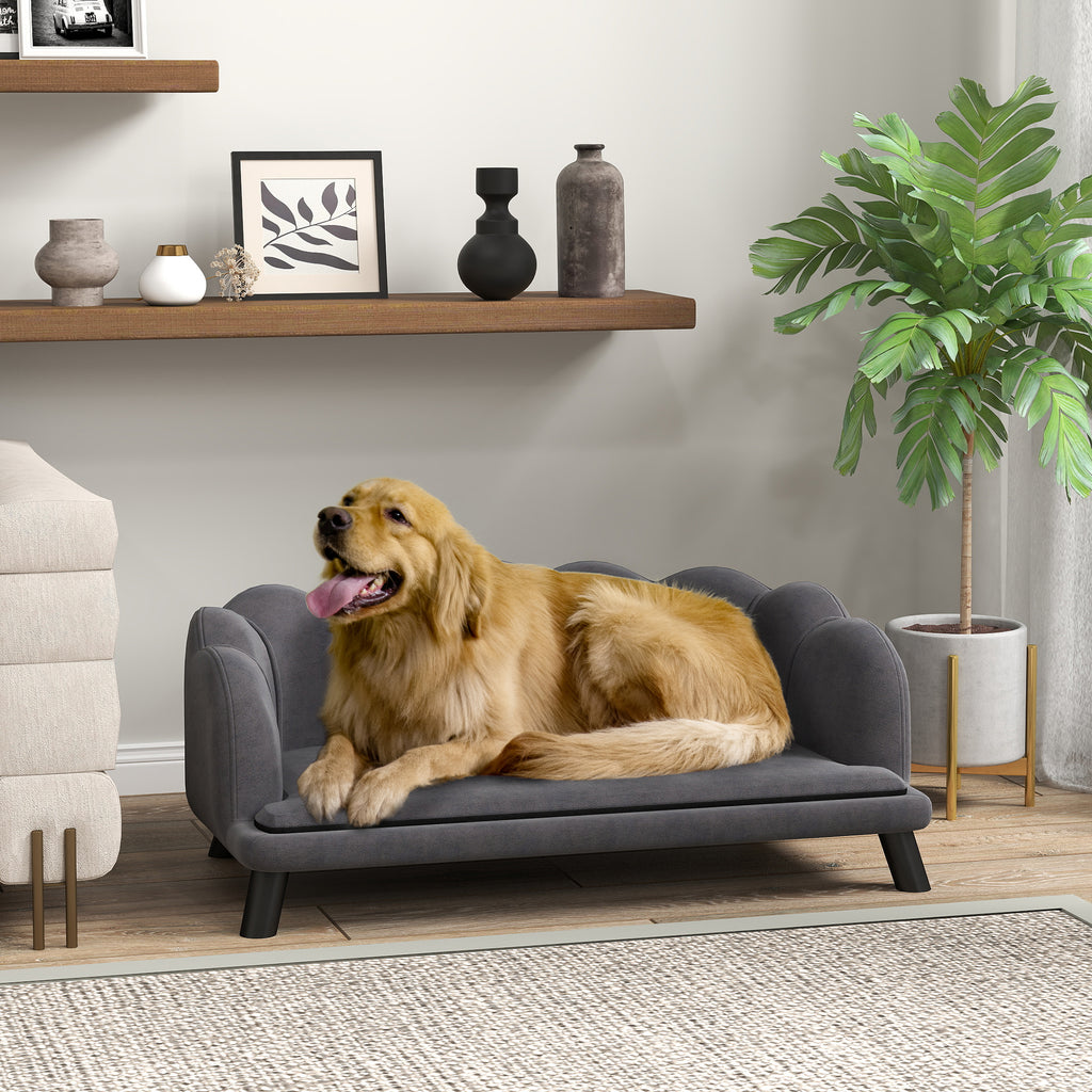PawHut Hundesofa Hundecouch, Waschbarer Bezug, Haustiersofa mit Rückenlehne und Holzbeine, Katzensofa, für mittelgroße Hunde unter 25 kg, Dunkelgrau