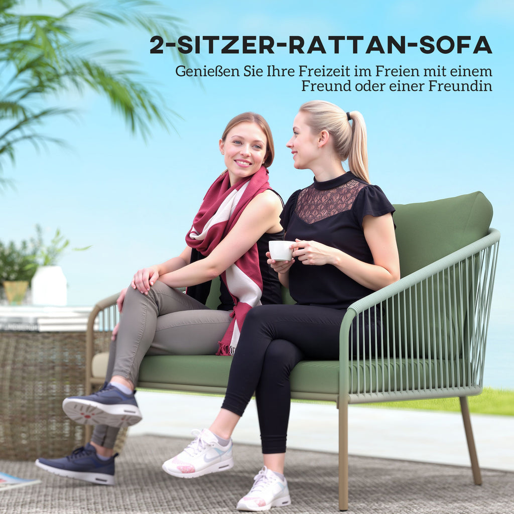 Outsunny Gartensofa mit Kissen 2-Sitzer Rattan Sofa Lounge Sofa Outdoor Balkon Sofa 112 x 72 x 76 cm Grün