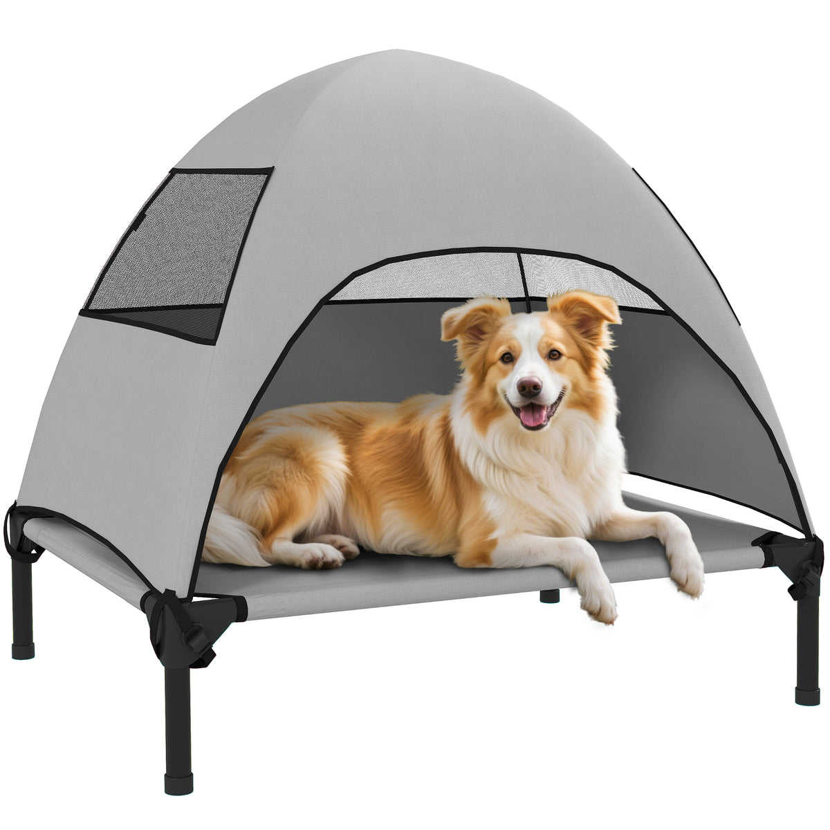 PawHut Hundeliege Outdoor mit Dach, Erhöhtes Hundebett für Mittelgroße Hunde, 76 x 61 x 71cm, Hellgrau