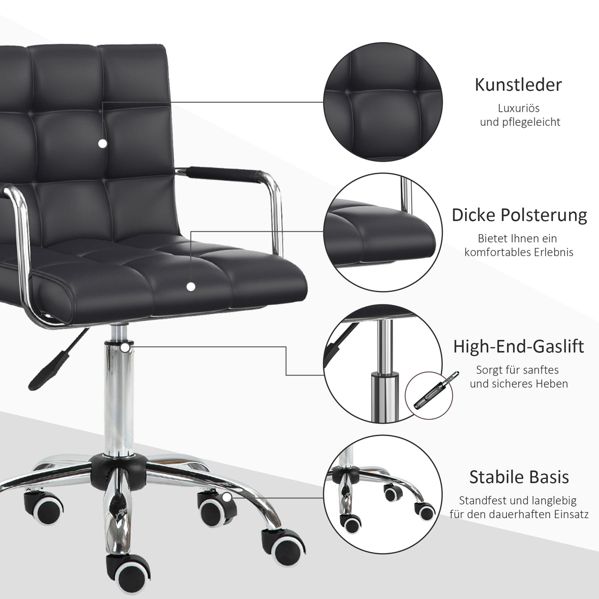 HOMCOM Bürostuhl im Retrodesign, höhenverstellbar, 5 Rollen, 52,5 cm x 54 cm x 99 cm, Schwarz