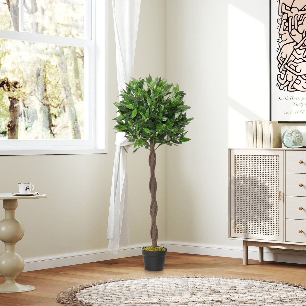 Outsunny 2er-Set Künstlicher Lorbeerbaum, 120 cm, Kunstpflanzen im Zementtopf, Kunststoff-Pflanzen für drinnen und draußen, Grün