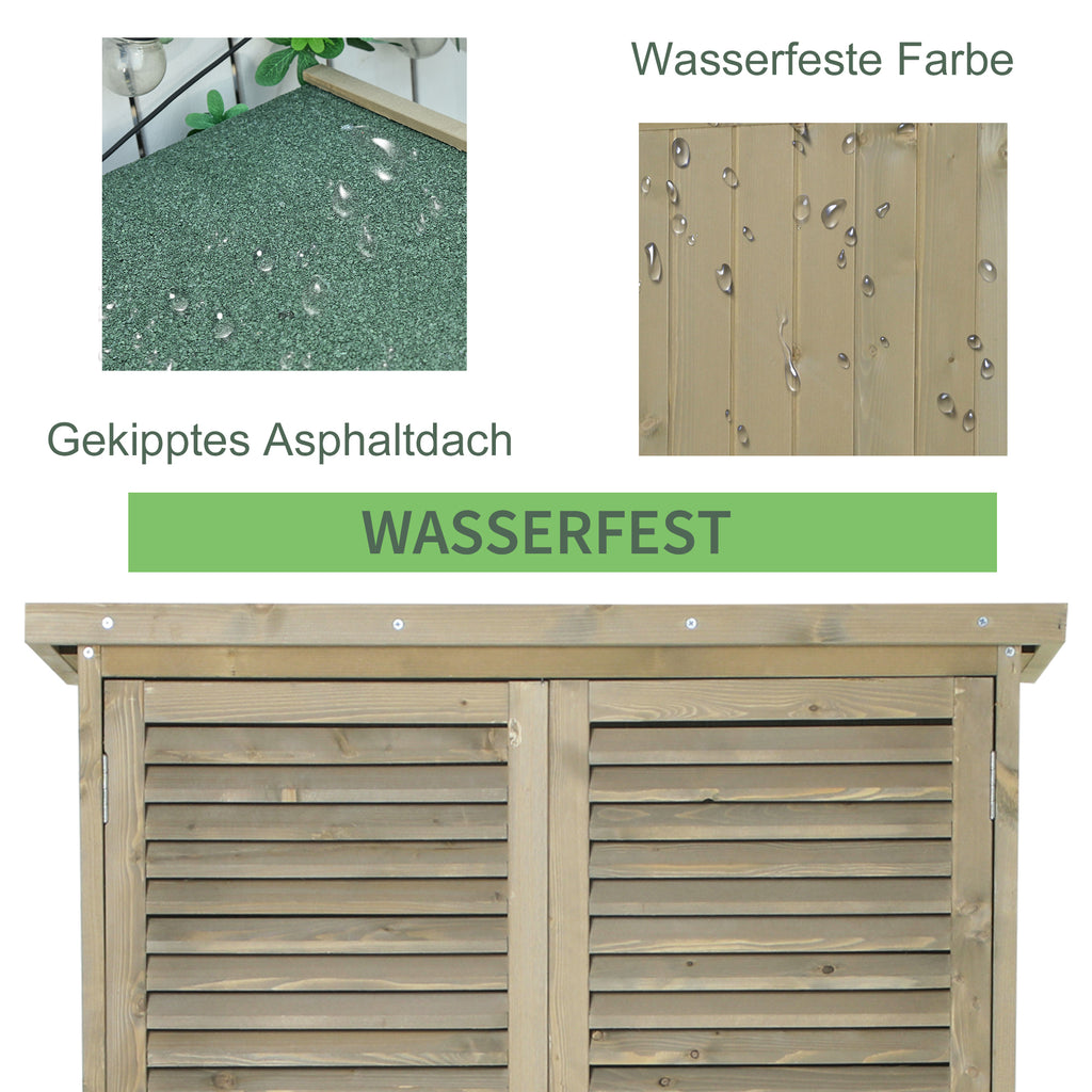 Outsunny Gartenschrank Holz Geräteschuppen Gerätehaus mit Asphaltdach Lamellentür Geräteschrank Schuppen Garten 4 Fächer Grau 87 x 46,5 x 160 cm