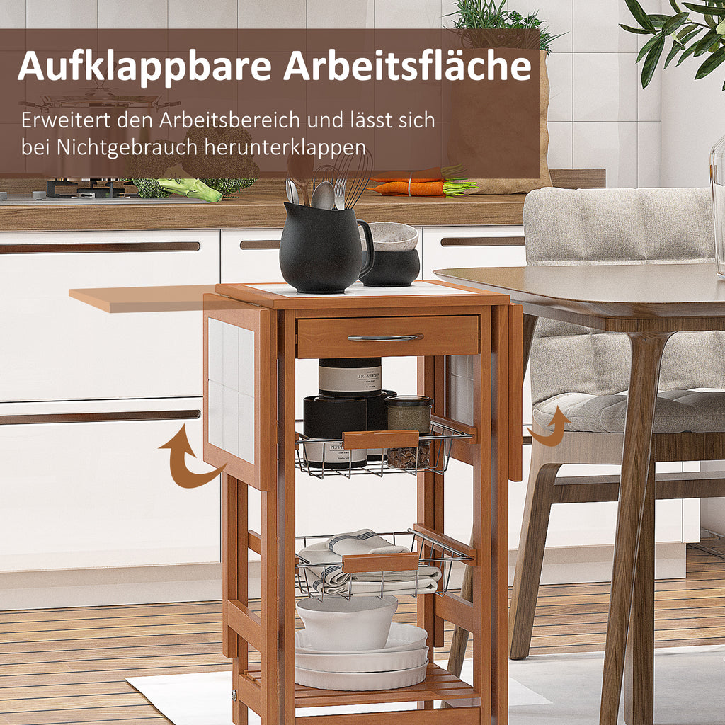 HOMCOM Servierwagen, Küchenwagen, zwei klappbare Seitenelemente, Keramikplatte, Kiefernholz, 91 x 37 x 75cm
