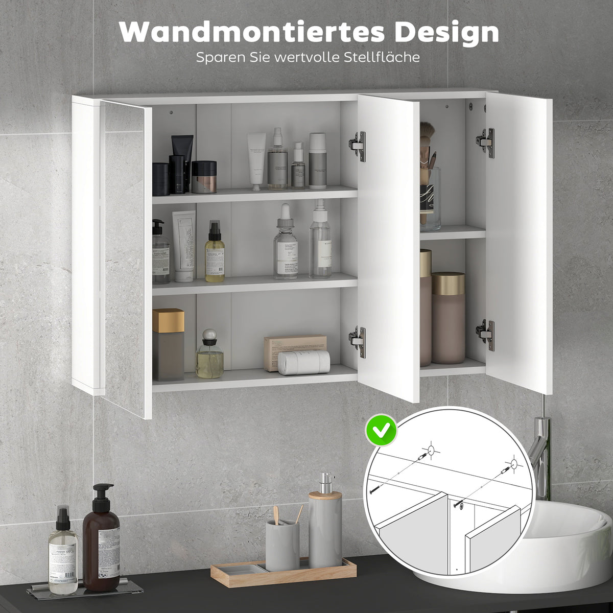 HOMCOM Badezimmerspiegelschrank, Badschrank mit 3 Spiegeltüren, Wandmontage, 90 x 15,5 x 60 cm, Spanplatte, Weiß