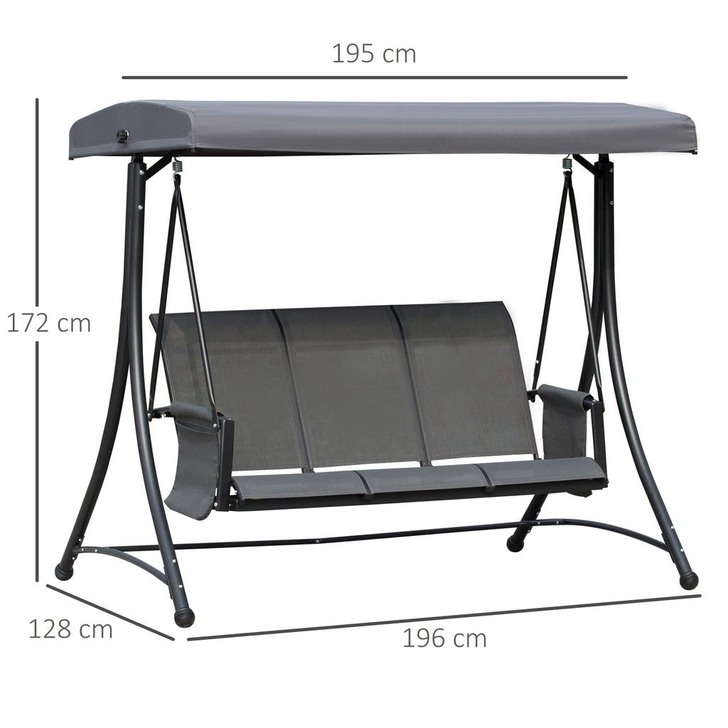 Outsunny Hollywoodschaukel mit Seitentasche, 3-Sitzer Gartenschaukel mit verstellbarem Sonnendach, Schaukelbank belast bis 300kg, für Garten, Terrasse, 196 x 128 x 172 cm, Dunkelgrau