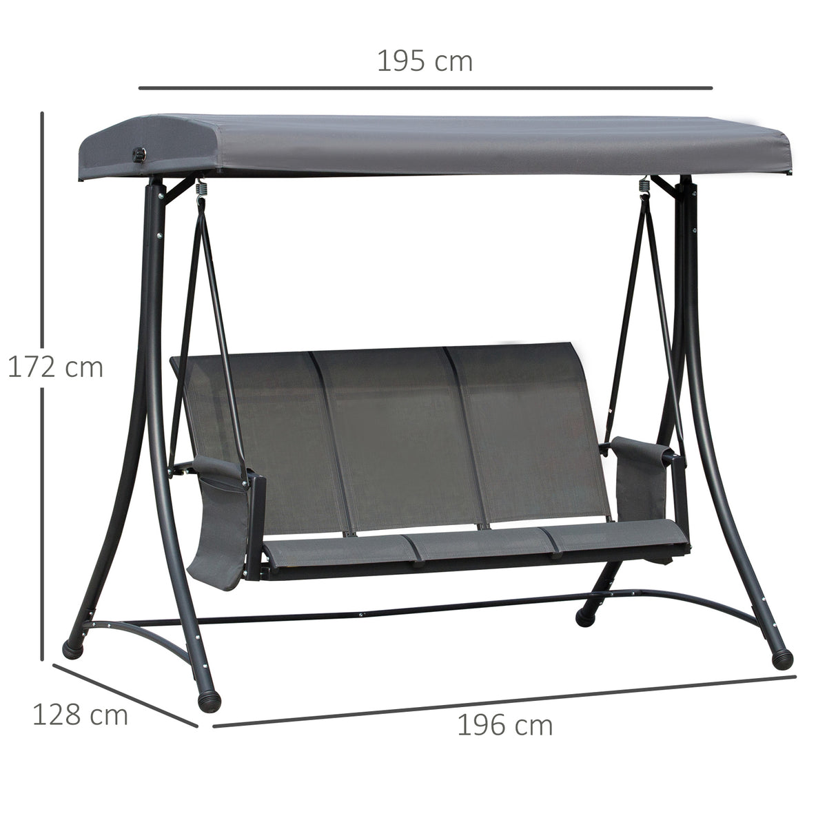 Outsunny Hollywoodschaukel mit Seitentasche, 3-Sitzer Gartenschaukel mit verstellbarem Sonnendach, Schaukelbank belast bis 300kg, für Garten, Terrasse, 196 x 128 x 172 cm, Dunkelgrau