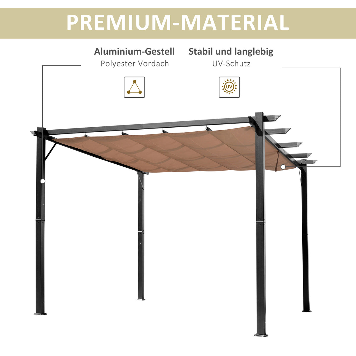 Outsunny Pergola Pavillon mit einstellbarem Stoffdach 3 x 4 m Terrassen-Vordach Aluminium Sonnenschutz Überdachung Terrasse Garten Grau+Braun
