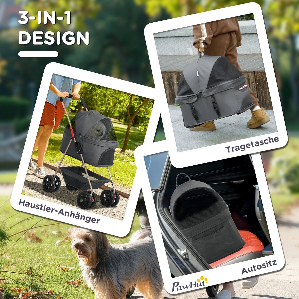 PawHut 3-in-1-Haustierkinderwagen, zusammenklappbarer Hundewagen mit 4 Rädern und abnehmbarer Trage für Hunde und Katzen, Grau