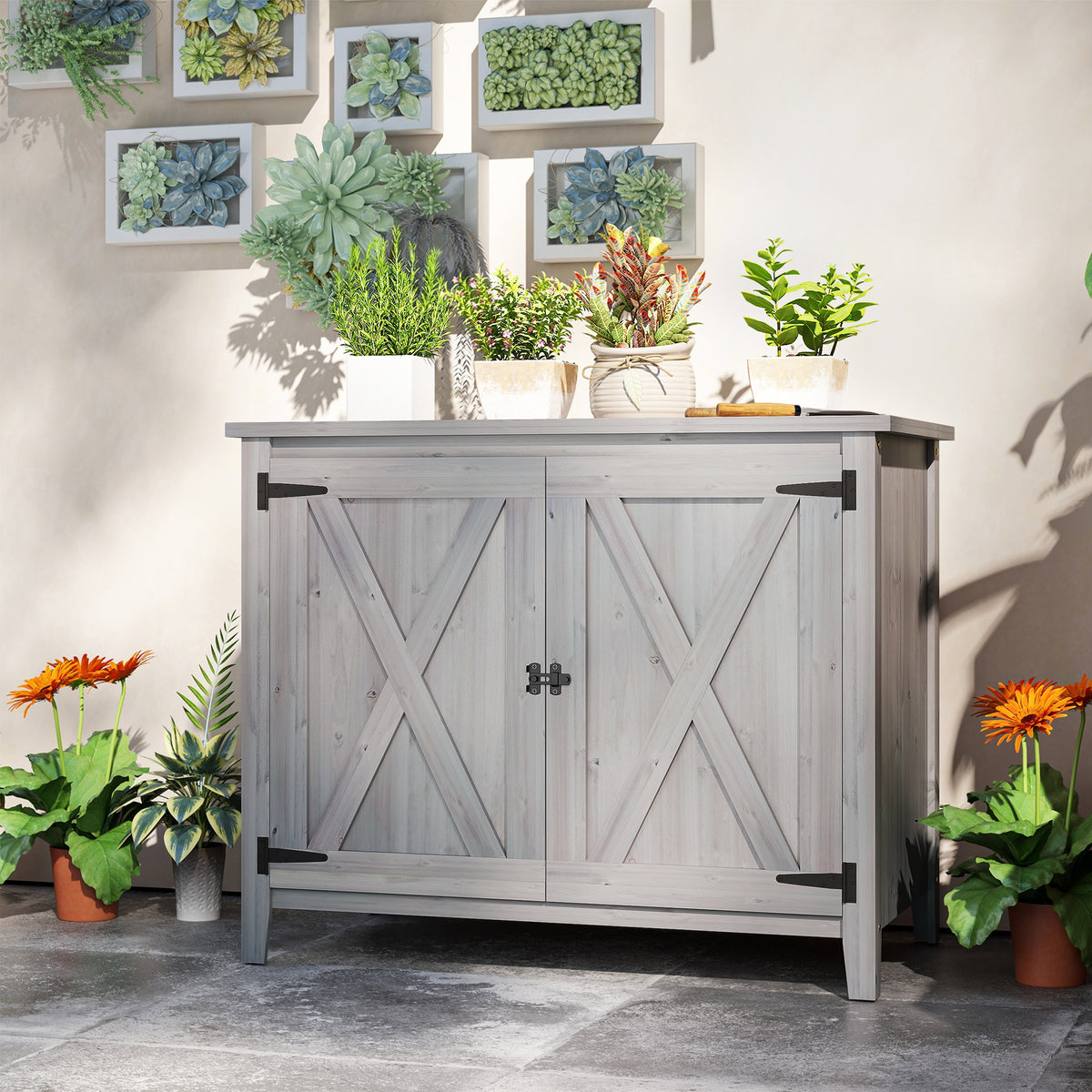 Outsunny Gartenschrank, Holzschrank für Gartengeräte, Outdoor-Schrank für Terrasse, mit Doppeltüren, Scheunendesign, Hellgrau