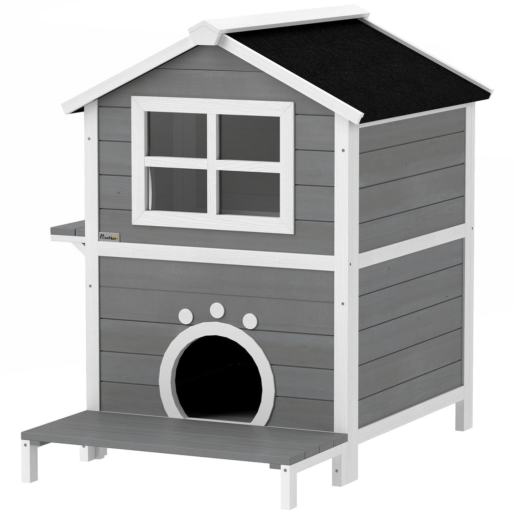 PawHut Outdoor-Katzenhaus mit wetterfestem Dach, Fenster, Balkon, herausnehmbarem Boden, 2 Ebenen, für 1-2 Katzen, Grau