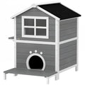 PawHut Outdoor-Katzenhaus mit wetterfestem Dach, Fenster, Balkon, herausnehmbarem Boden, 2 Ebenen, für 1-2 Katzen, Grau