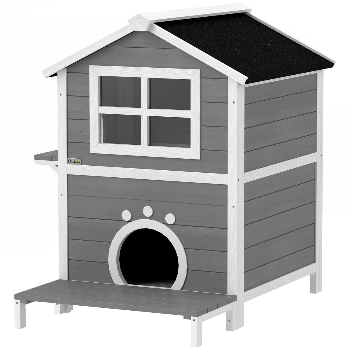 PawHut Outdoor-Katzenhaus mit wetterfestem Dach, Fenster, Balkon, herausnehmbarem Boden, 2 Ebenen, für 1-2 Katzen, Grau