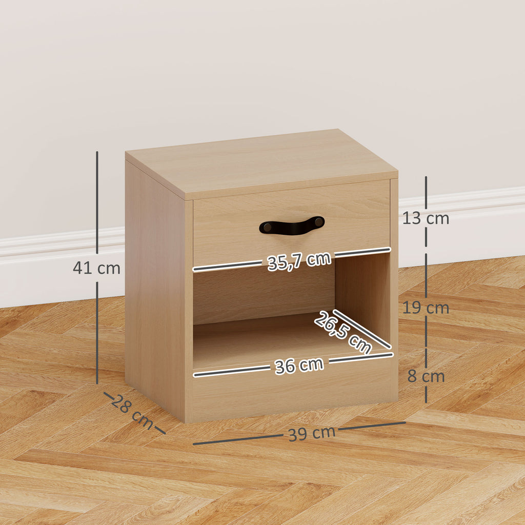 HOMCOM Pack von 2 Nachttischen mit Schublade und Offenem Fach für Wohnzimmer 39x28x41 cm Natur