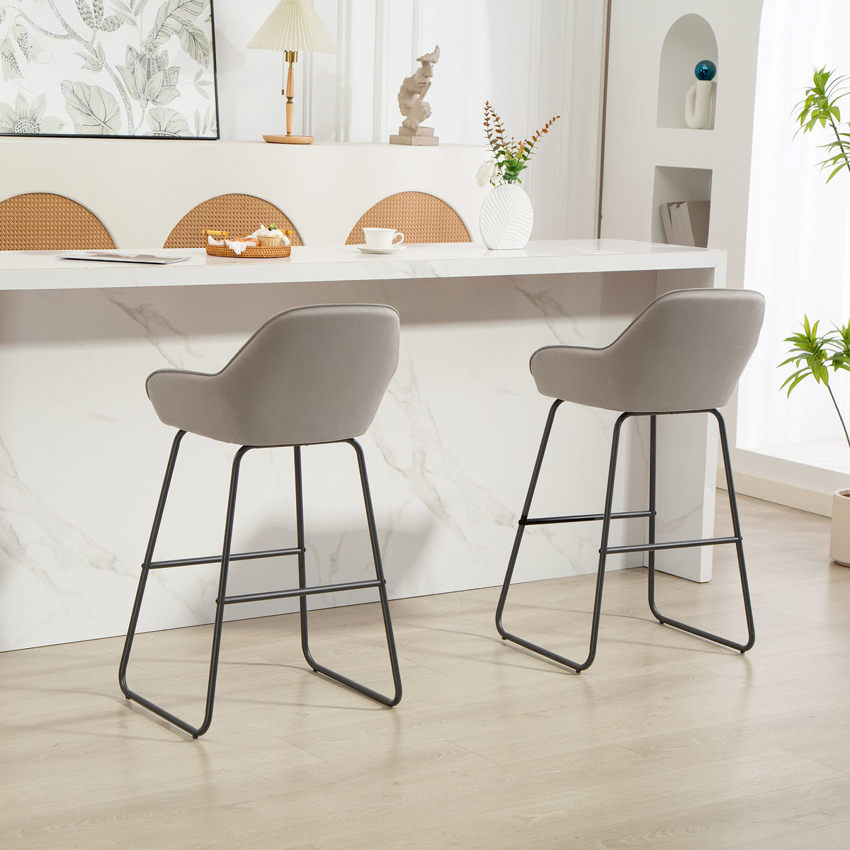 HOMCOM 2er-Set Barstühle, Barhocker mit Stoffbezug und Schaumstoffpolsterung, Polsterhocker mit Metallbeinen, Grau