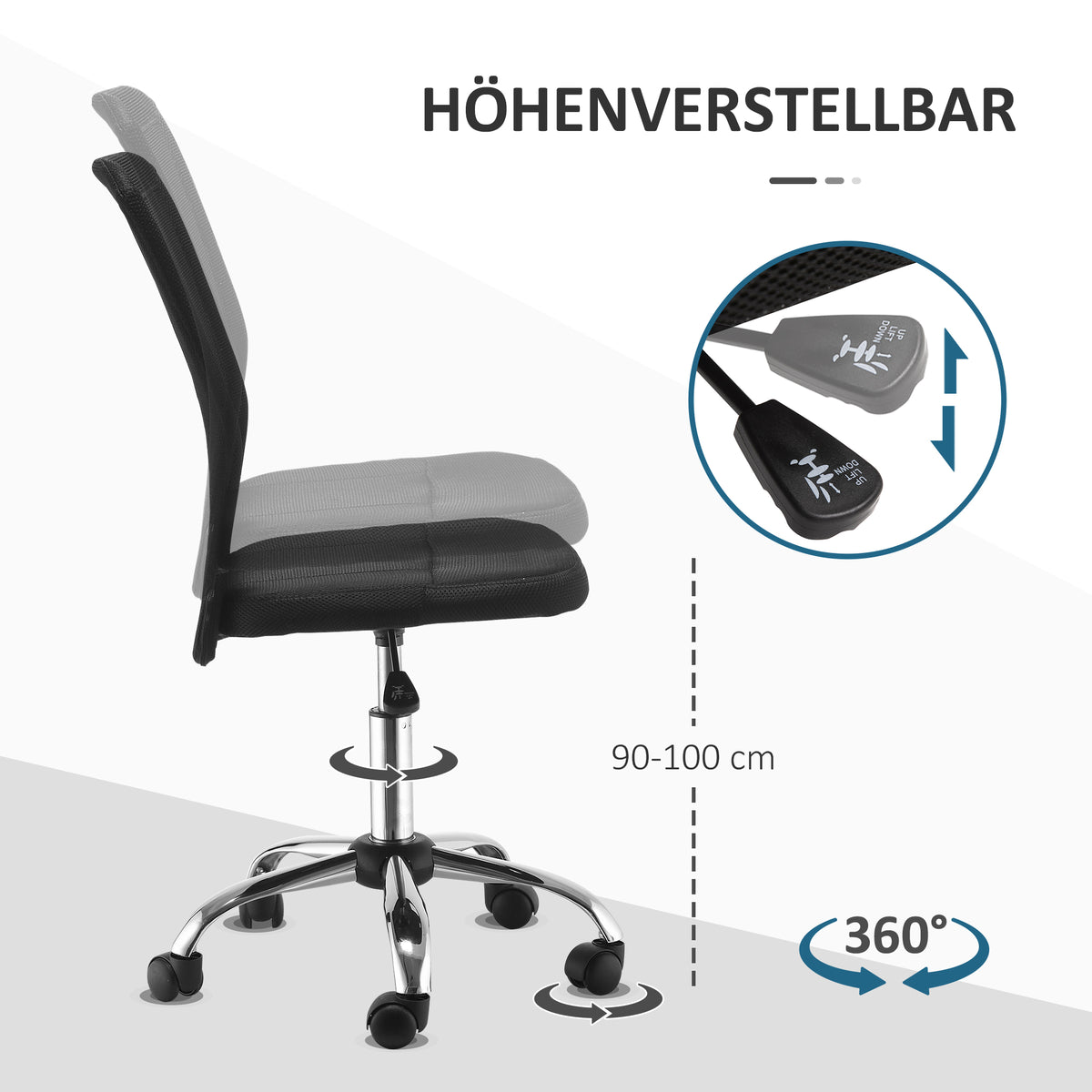 Vinsetto Bürostuhl Schreibtischstuhl, höhenverstellbar, Mesh, 43 cm x 58 cm x 100 cm, Schwarz
