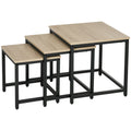 HOMCOM Satztisch-Set aus 3 Beistelltischen, Industrial Design, schwarzer Stahlrahmen, Tischplatte in Holzoptik