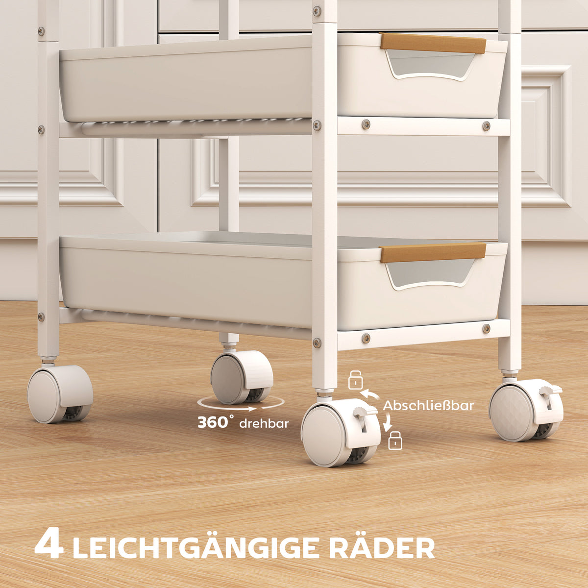 HOMCOM 5-stufiger Küchenwagen, Holzoptik, rollbar, Metallrahmen, 4 Schubladen, Weiß
