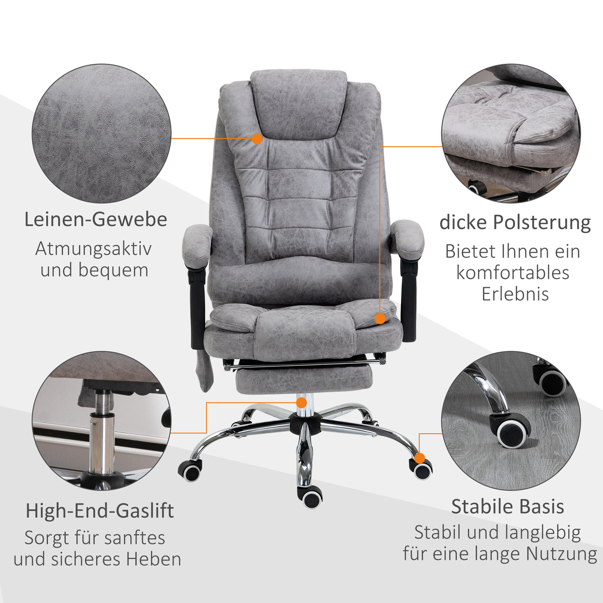 Vinsetto Bürostuhl mit Massagefunktion, Ergonomischer Schreibtischstuhl mit Liege- & Wärmefunktion, Fernbedienung, Grau