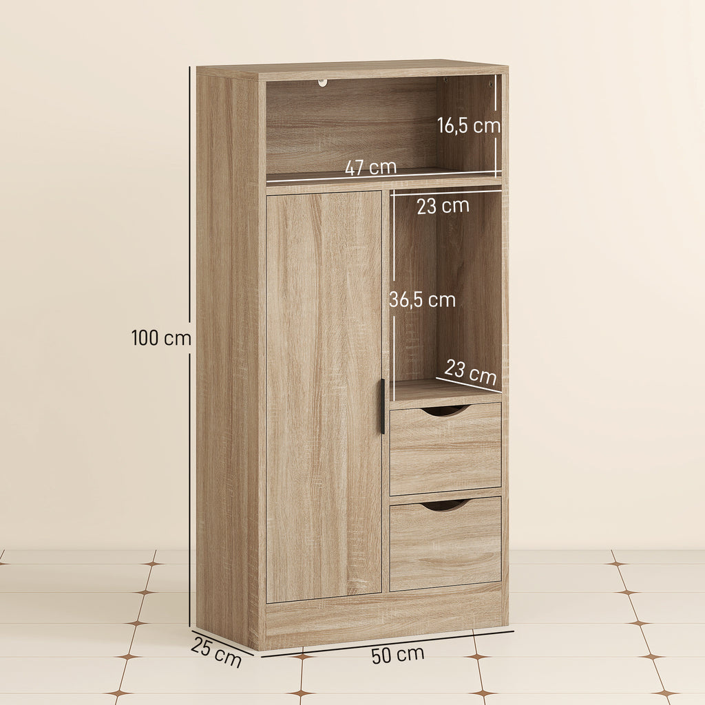 HOMCOM Badezimmerschrank mit 2 Schubladen, offenem Fach und verstellbaren Regalen für kleinen Raum 50x25x100 cm Natur