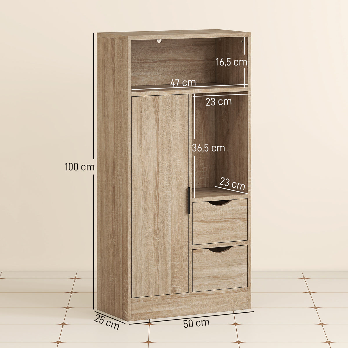 HOMCOM Badezimmerschrank mit 2 Schubladen, offenem Fach und verstellbaren Regalen für kleinen Raum 50x25x100 cm Natur