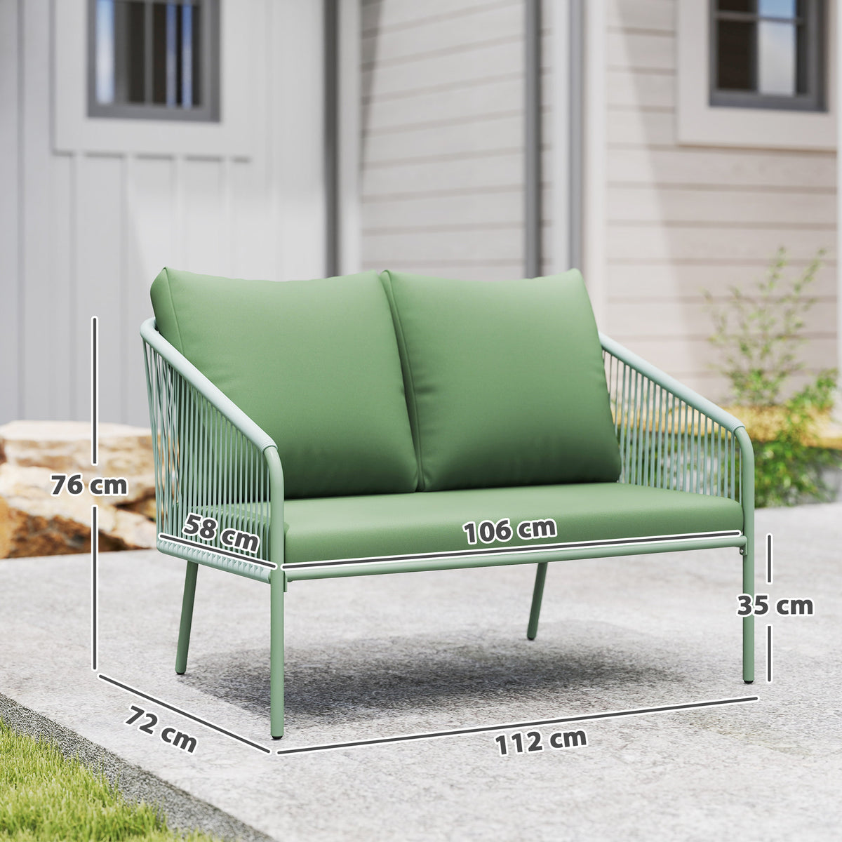 Outsunny Gartensofa mit Kissen 2-Sitzer Rattan Sofa Lounge Sofa Outdoor Balkon Sofa 112 x 72 x 76 cm Grün