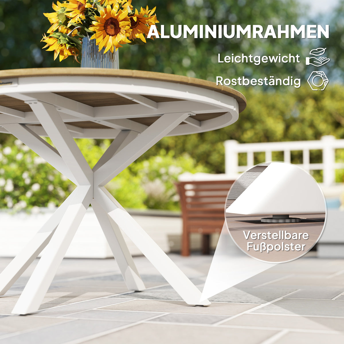 Outsunny Gartentisch Ø118cm, Wetterfest Balkontisch aus Aluminium, Beistelltisch mit Kreuzbeine Lattendesign Teak