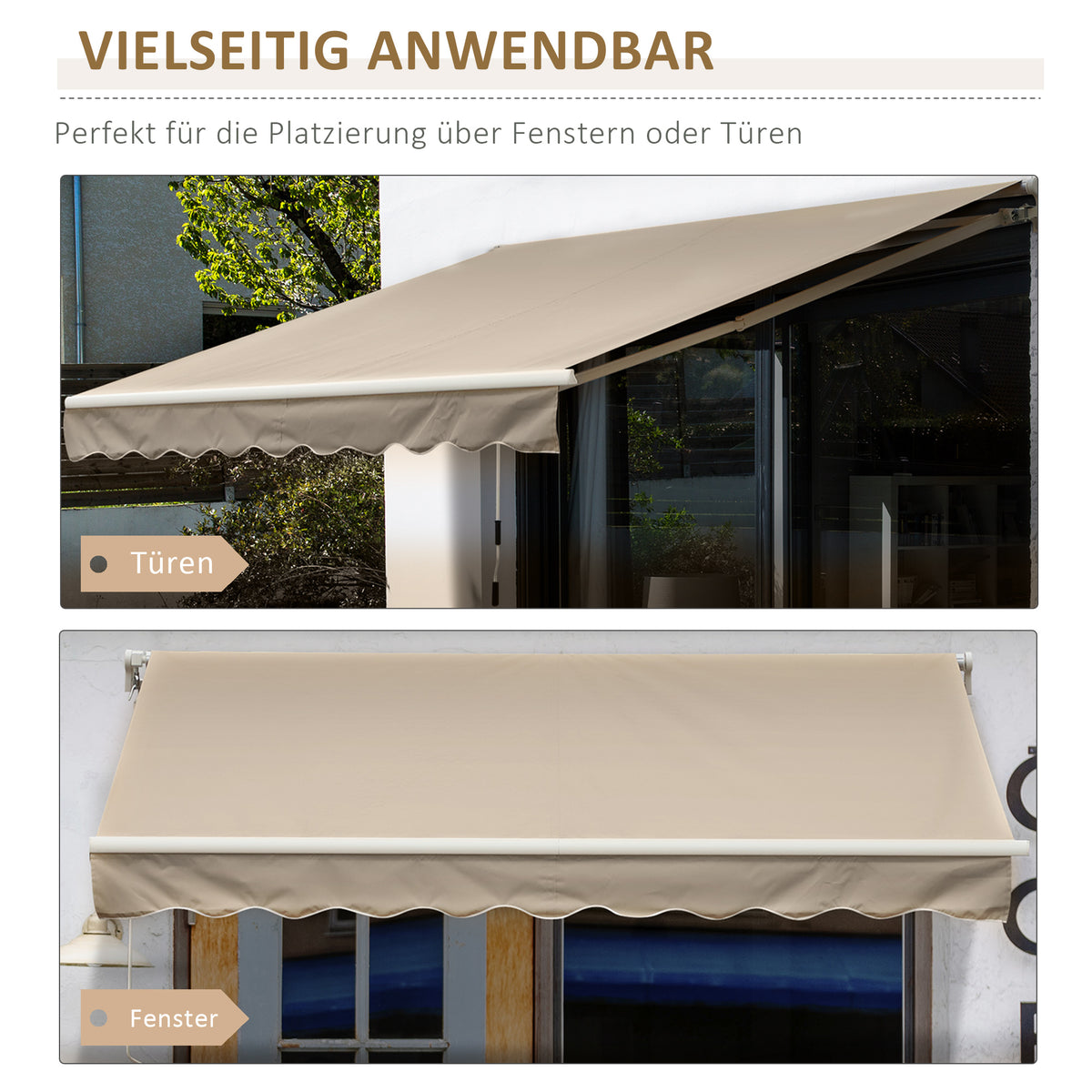 Outsunny Markise, Sonnenschutz, einfahrbar, mit Handkurbel, Metallrahmen, Polyester, Weiß+Beige, 3,95 x 2,45 m