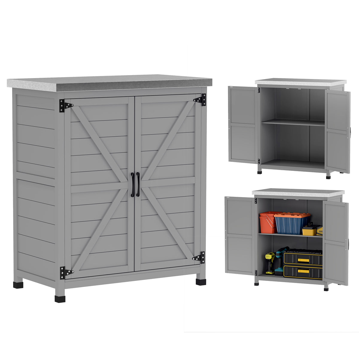 Outsunny Gartenschrank, Außenschrank mit Arbeitsfläche, Werkzeugschrank, Massivholz, Stahl, 79B x 43T x 92H cm, Grau