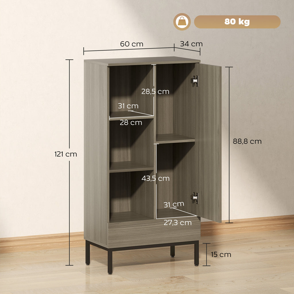 HOMCOM Aparador für Wohnzimmer Modern mit Tür Schublade Verstellbares Regal und 3 offenen Fächern 60x34x121 cm Natürlich