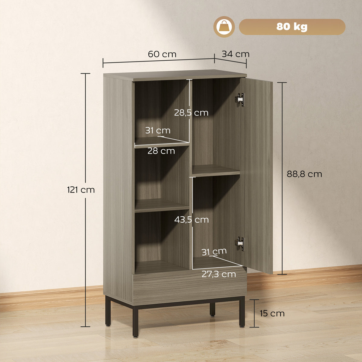 HOMCOM Aparador für Wohnzimmer Modern mit Tür Schublade Verstellbares Regal und 3 offenen Fächern 60x34x121 cm Natürlich
