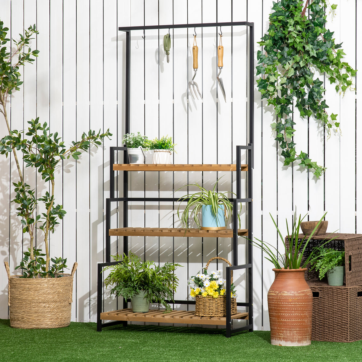 Outsunny Pflanzenregal mit 3 Ebenen und Befestigungshaken, Blumentreppe aus Naturholz, 80 cm x 36 cm x 174 cm, Natur