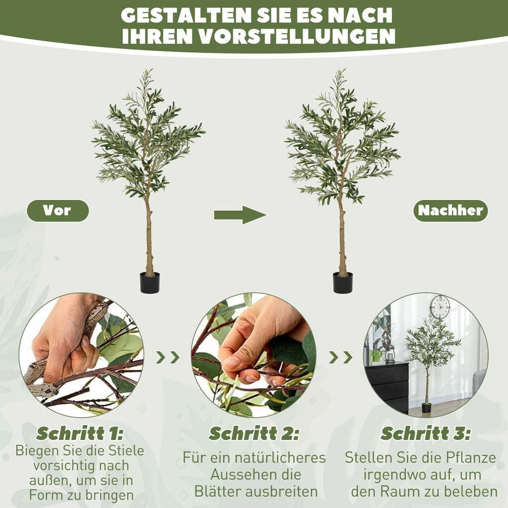 HOMCOM Kunstpflanze, Künstlicher Olivenbaum, 150 cm, 720 Blätter, 40 Oliven, stabiler Blumentopf, Dekorationspflanze, Grün
